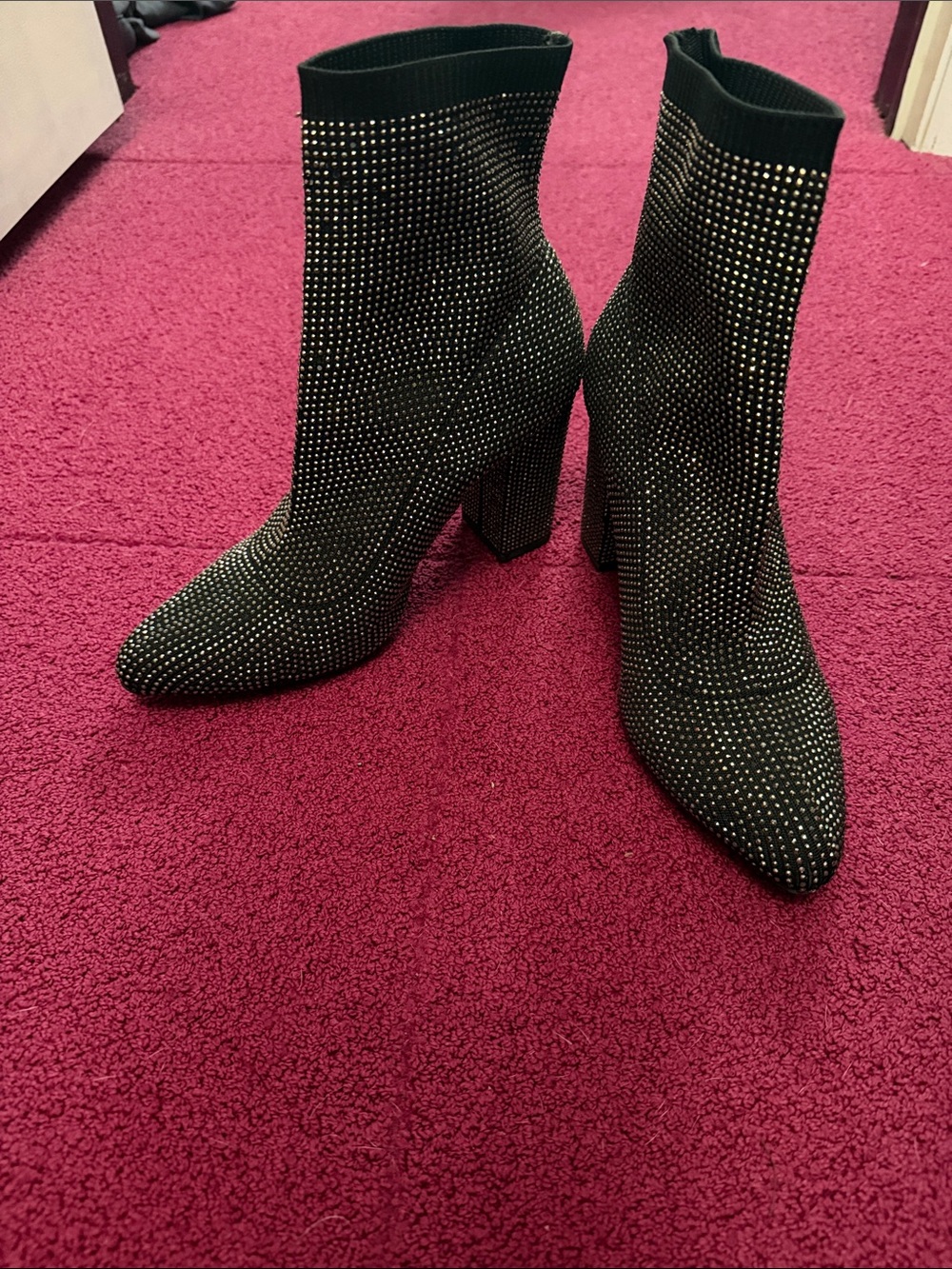 Black Rhinestone Sock Booties with Block Heel